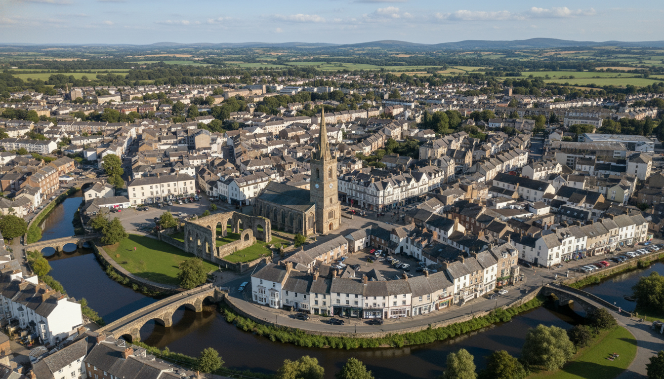 Tavistock, UK - aerial view showing the town center and local architecture