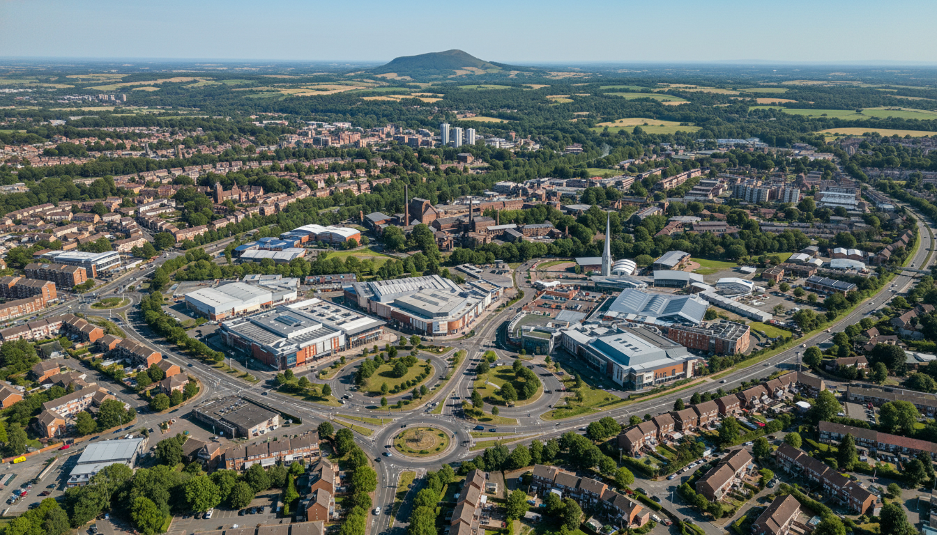 Telford, UK - aerial view showing the town center and local architecture