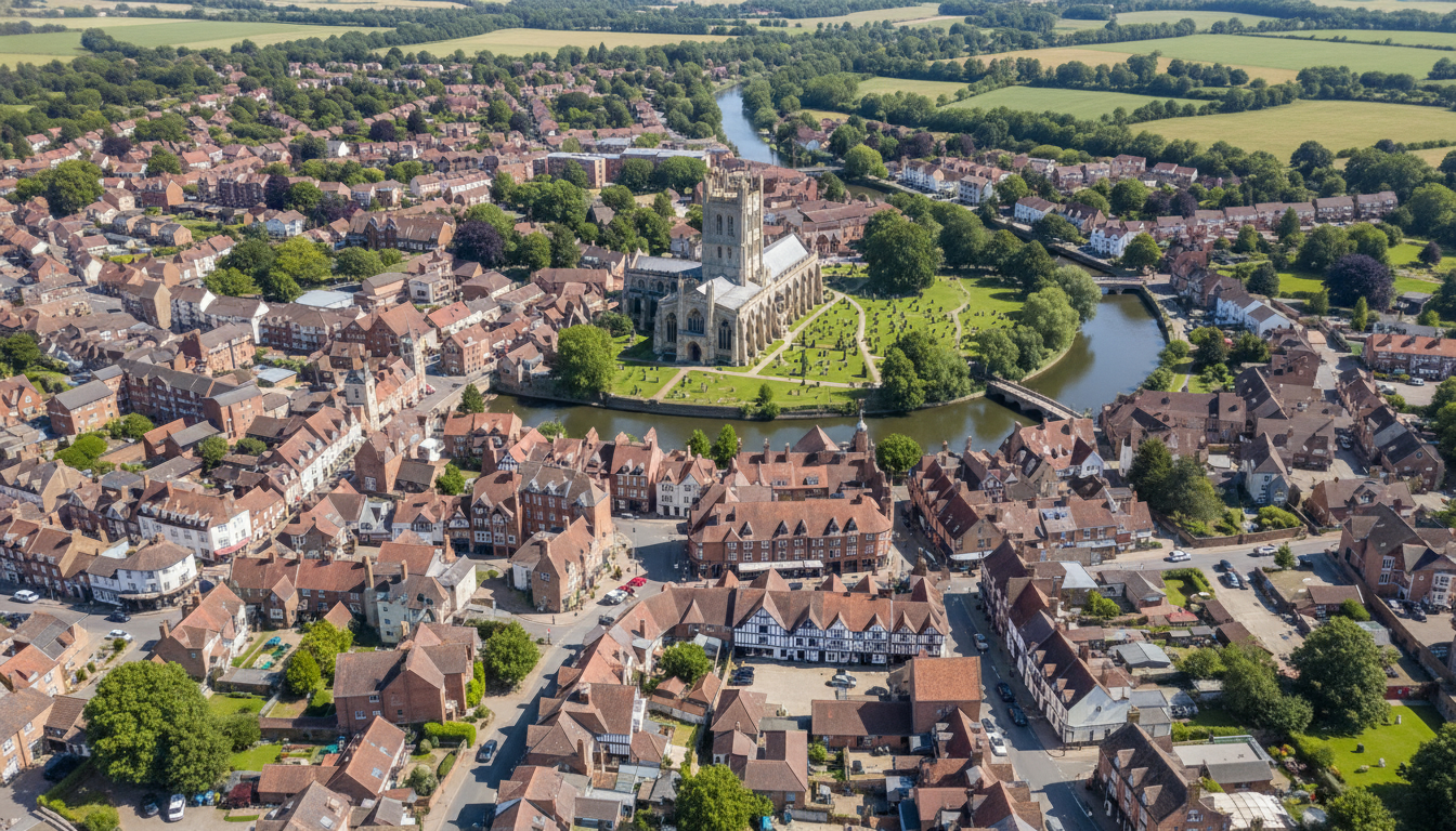 Tewkesbury, UK - aerial view showing the town center and local architecture