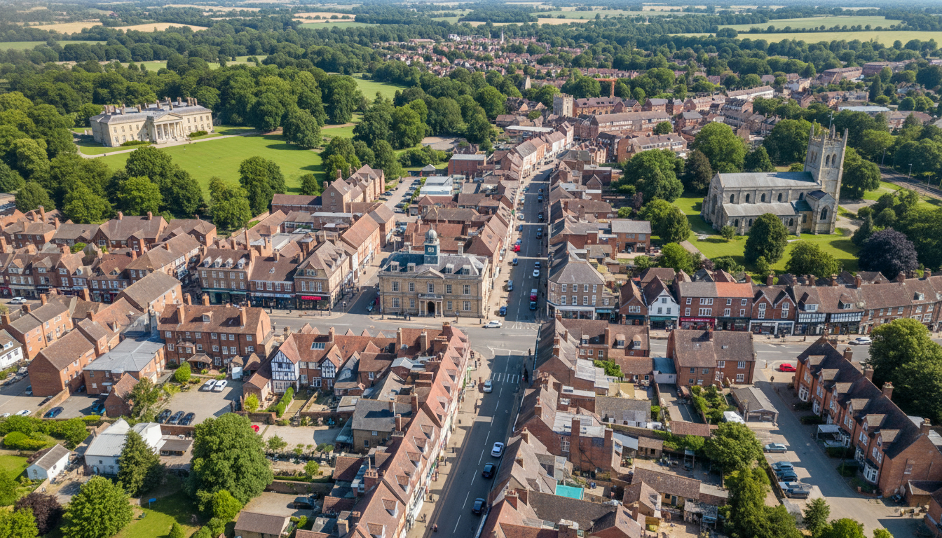 Thame, UK - aerial view showing the town center and local architecture