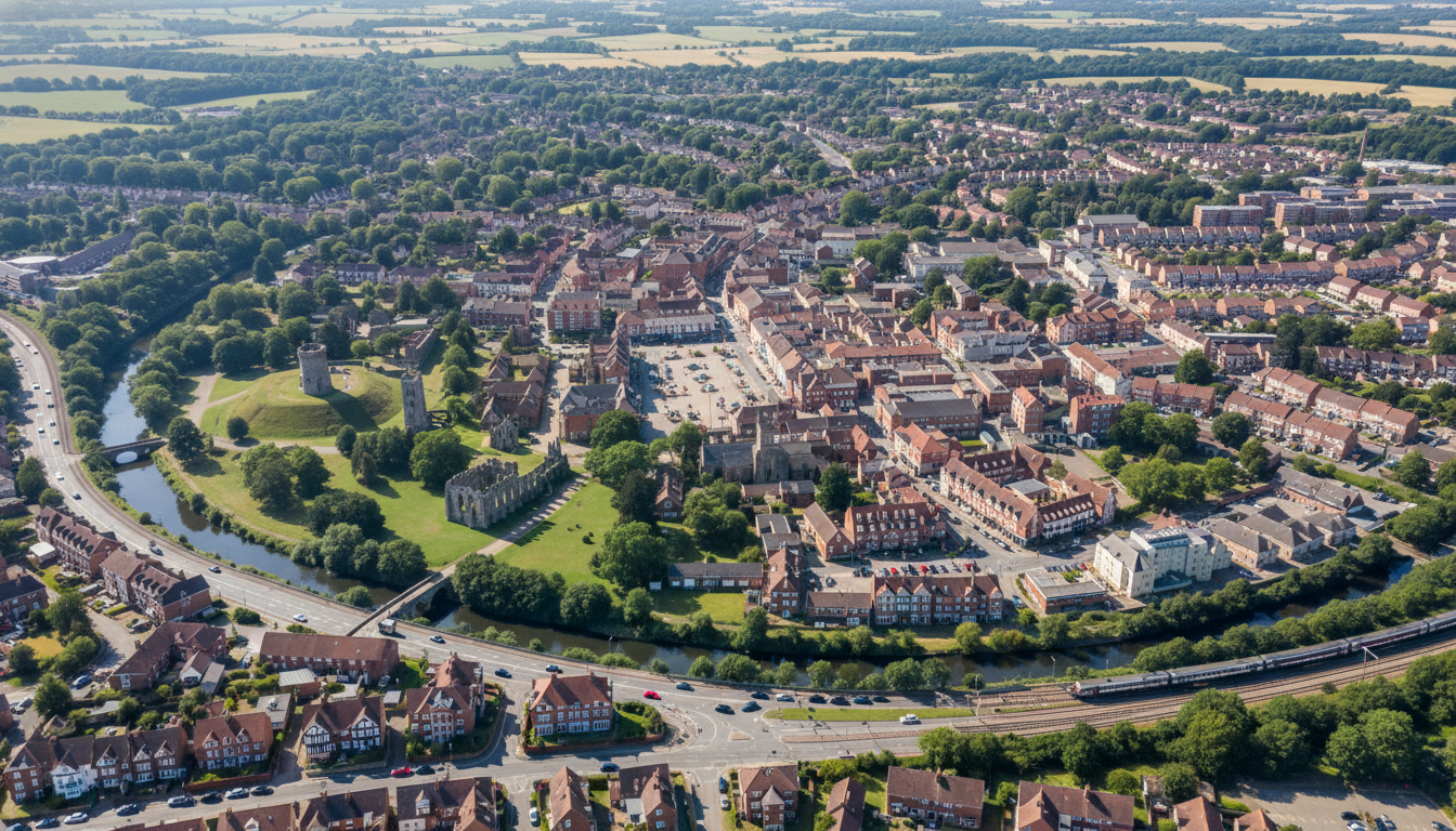 Thetford, UK - aerial view showing the town center and local architecture