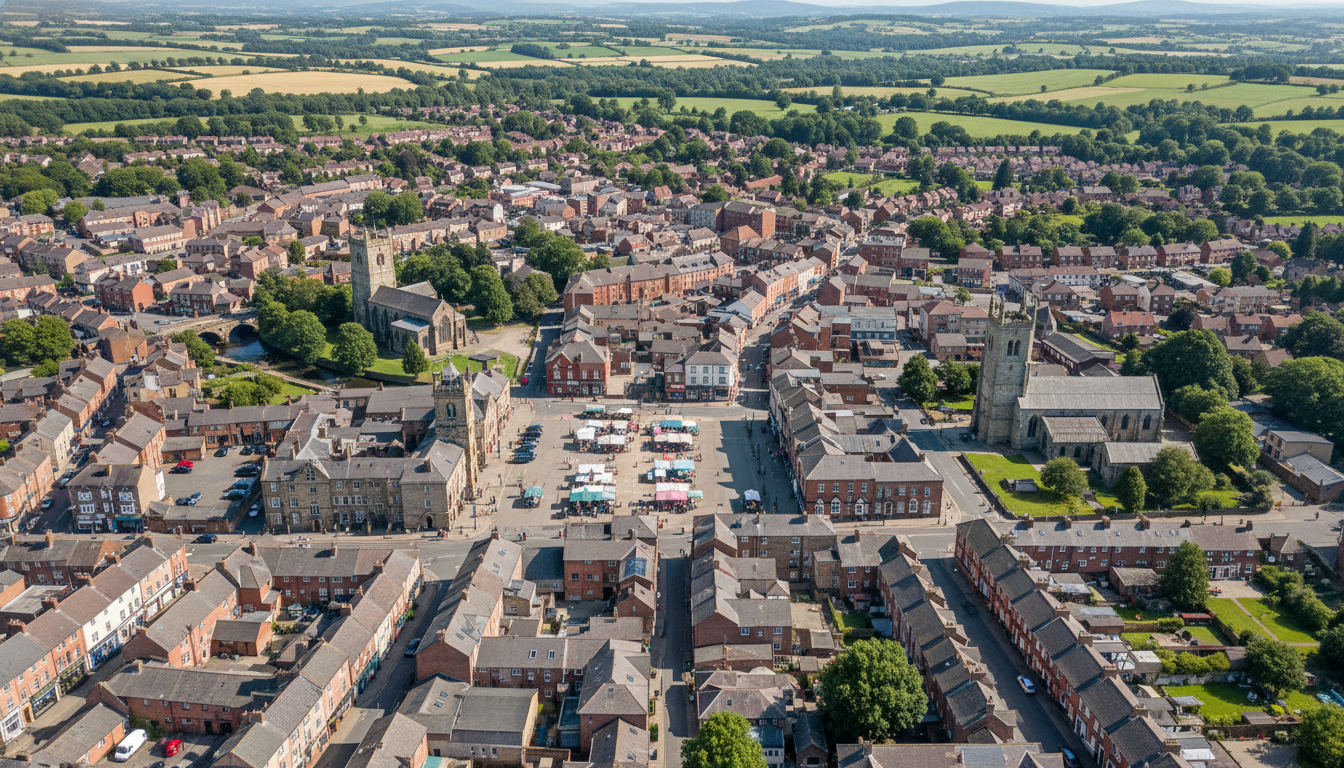 Thirsk, UK - aerial view showing the town center and local architecture
