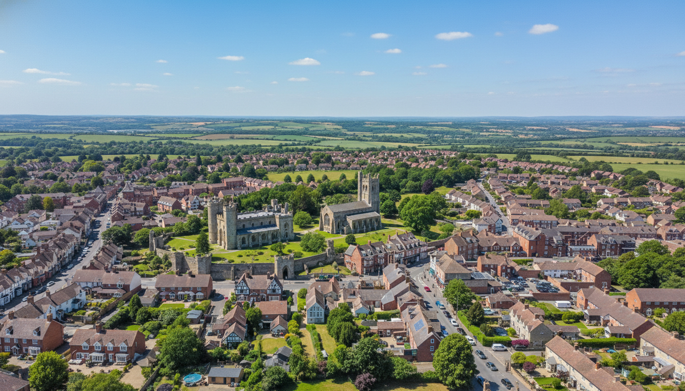 Thornbury, UK - aerial view showing the town center and local architecture