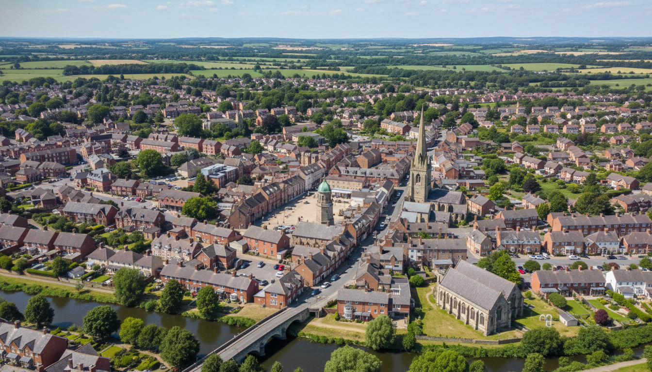 Thrapston, UK - aerial view showing the town center and local architecture