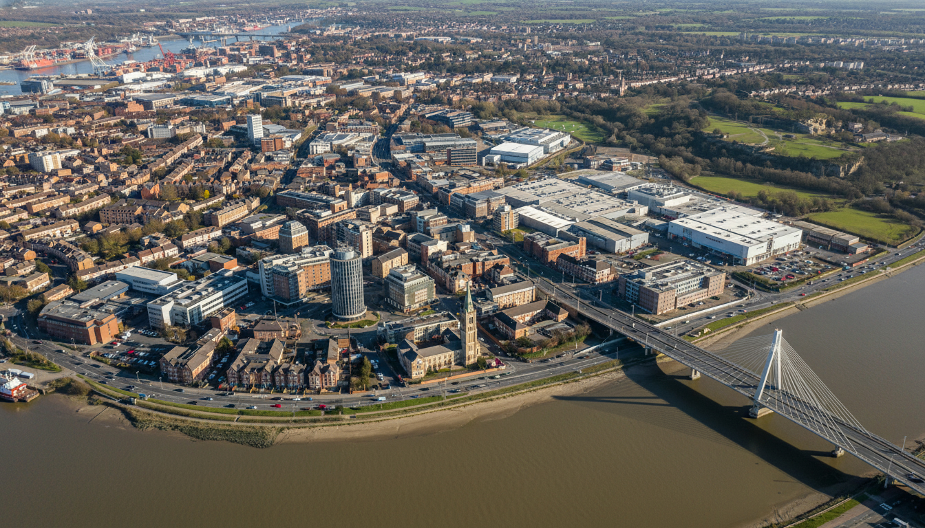 Thurrock, UK - aerial view showing the town center and local architecture