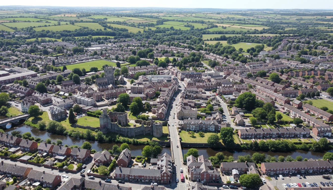 Tiverton, UK - aerial view showing the town center and local architecture