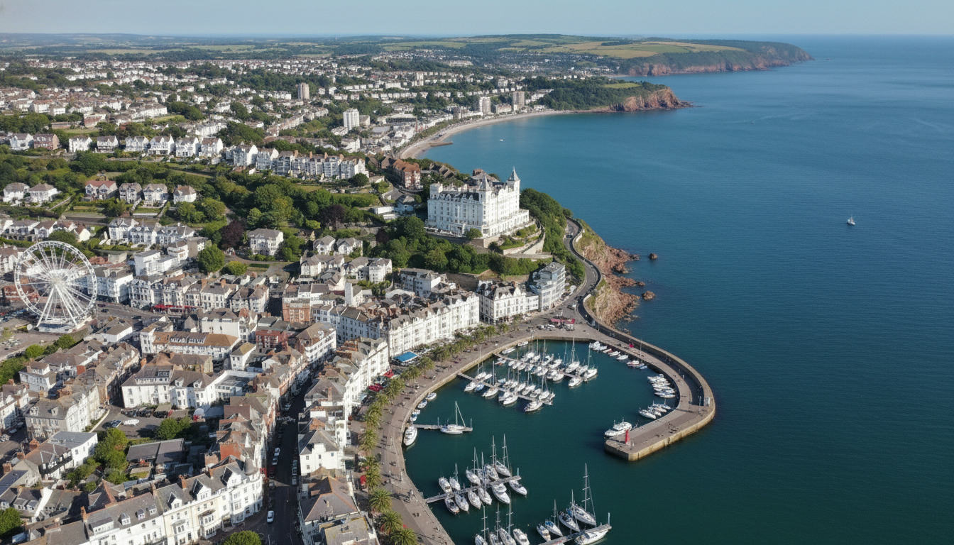 Torquay, UK - aerial view showing the town center and local architecture