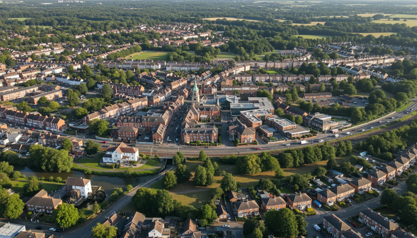 Totton, UK - aerial view showing the town center and local architecture