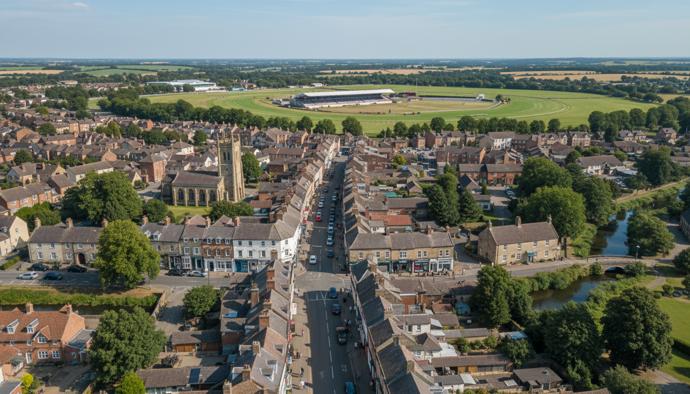 Towcester, UK - aerial view showing the town center and local architecture