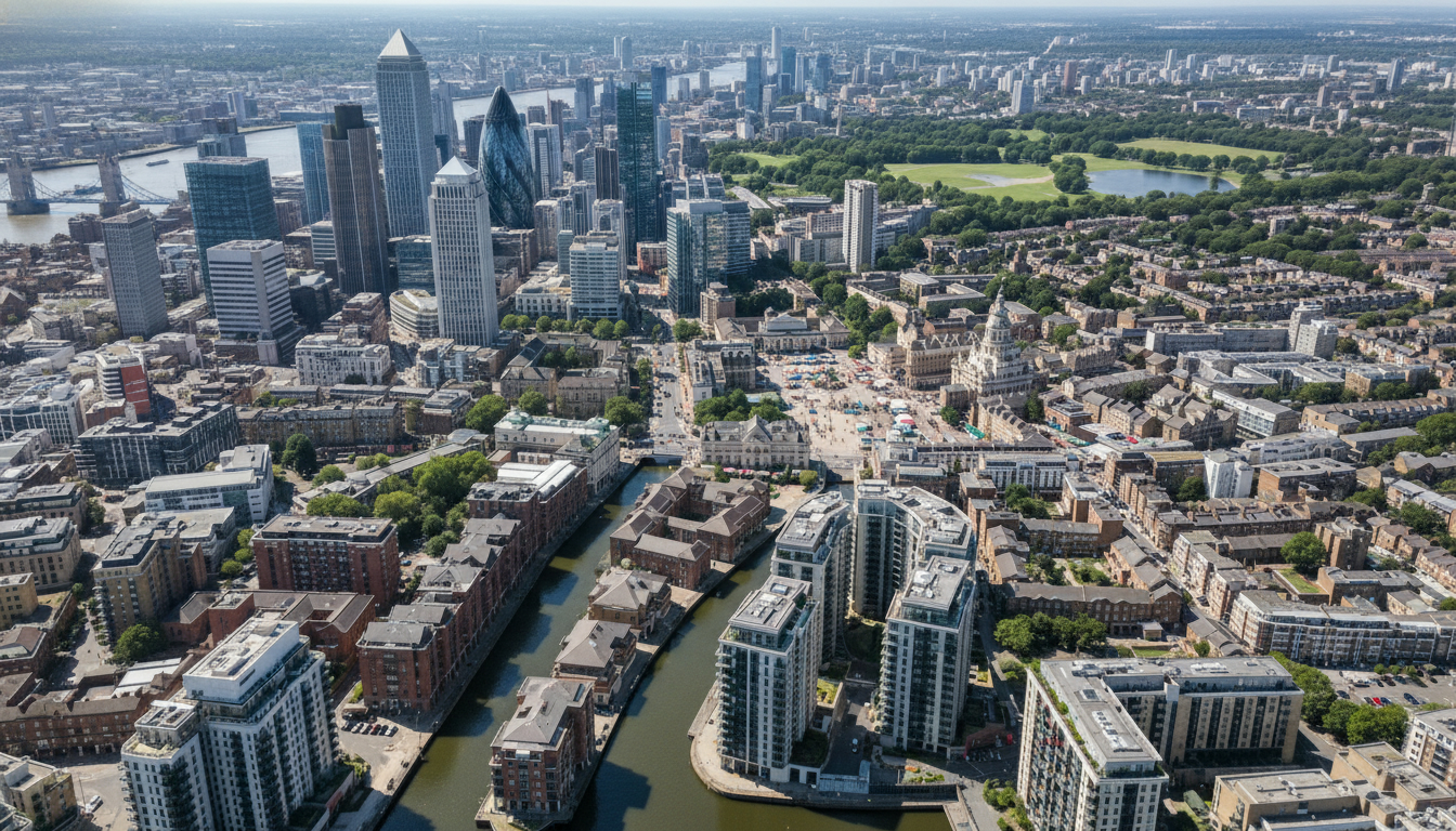 Tower Hamlets, UK - aerial view showing the town center and local architecture