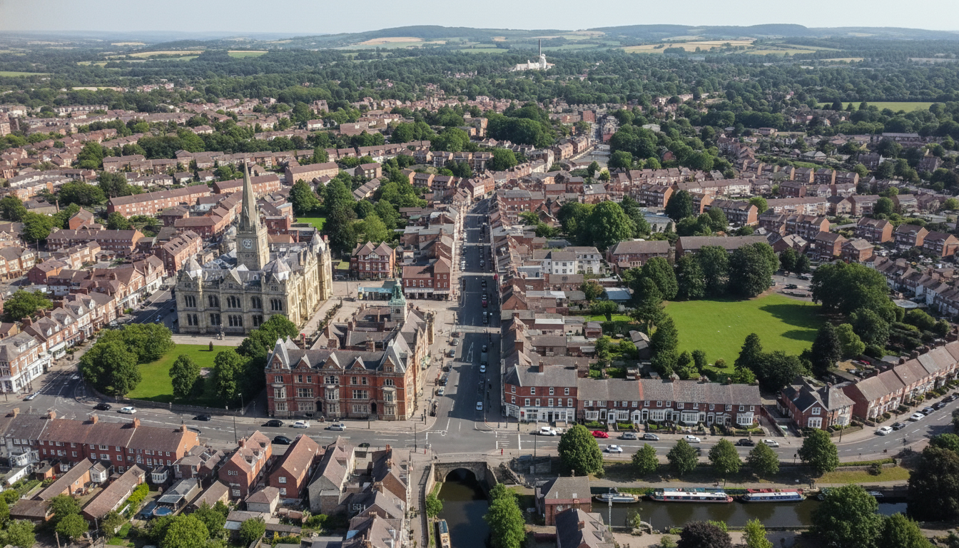 Tring, UK - aerial view showing the town center and local architecture