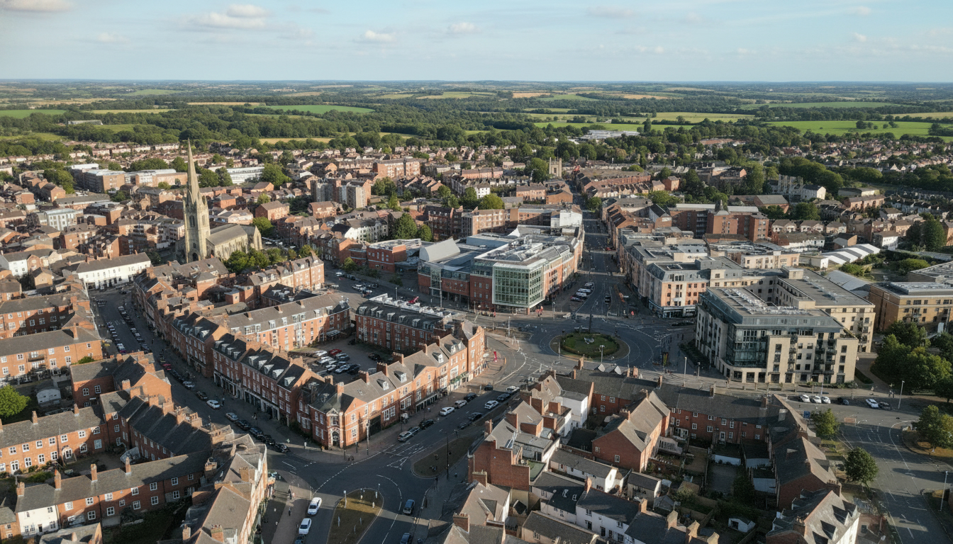 Trowbridge, UK - aerial view showing the town center and local architecture