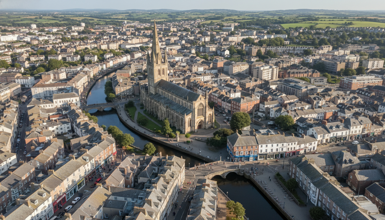 Truro, UK - aerial view showing the town center and local architecture