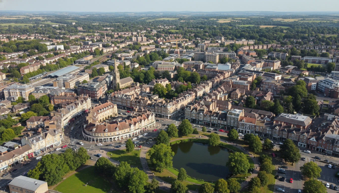 Tunbridge Wells, UK - aerial view showing the town center and local architecture