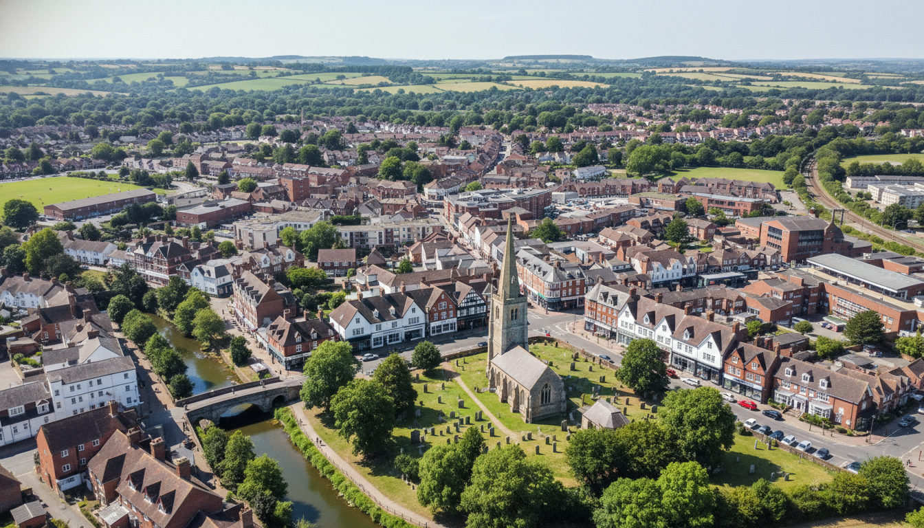 Uckfield, UK - aerial view showing the town center and local architecture