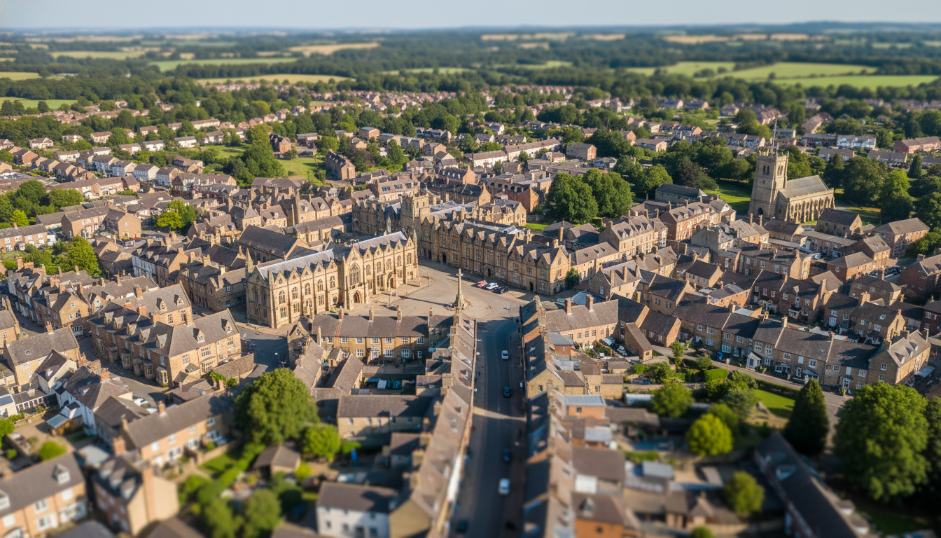 Uppingham, UK - aerial view showing the town center and local architecture