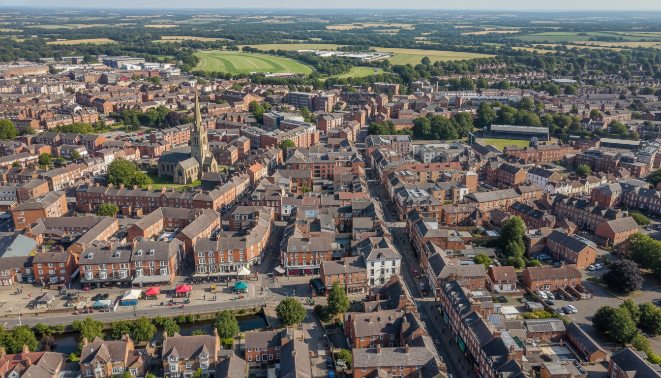 Uttoxeter, UK - aerial view showing the town center and local architecture