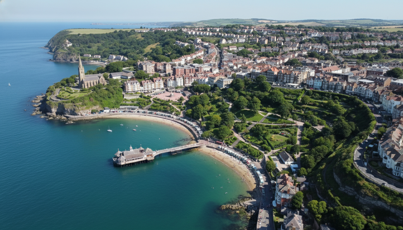 Ventnor, UK - aerial view showing the town center and local architecture