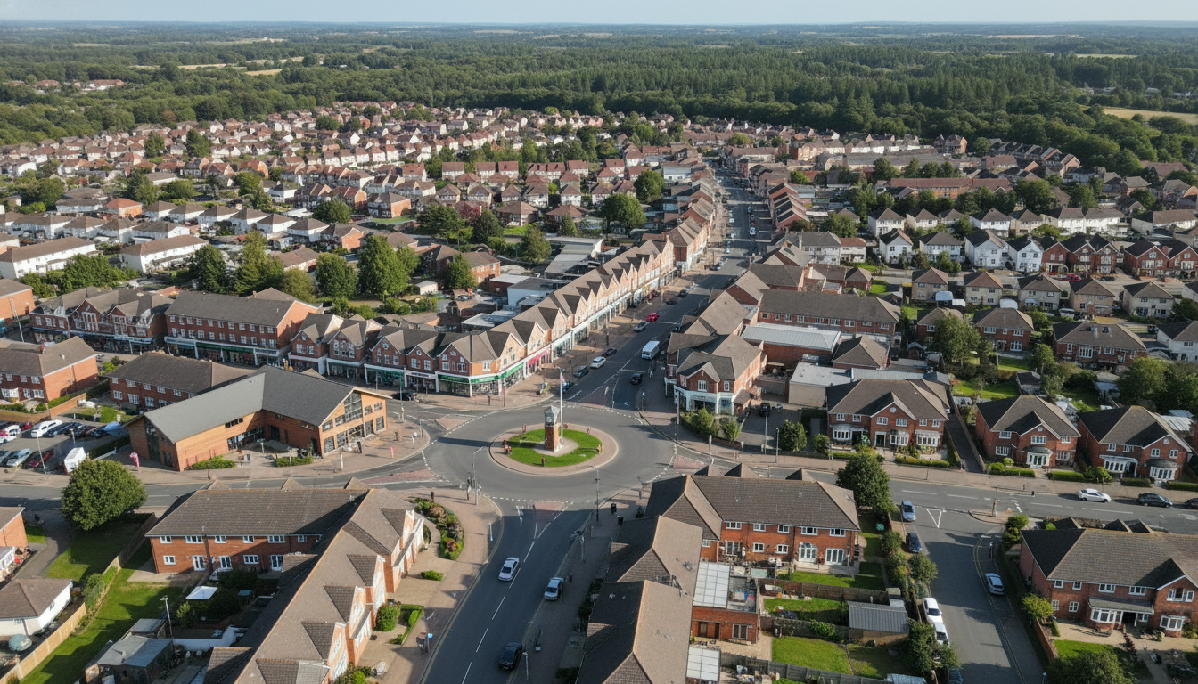 Verwood, UK - aerial view showing the town center and local architecture