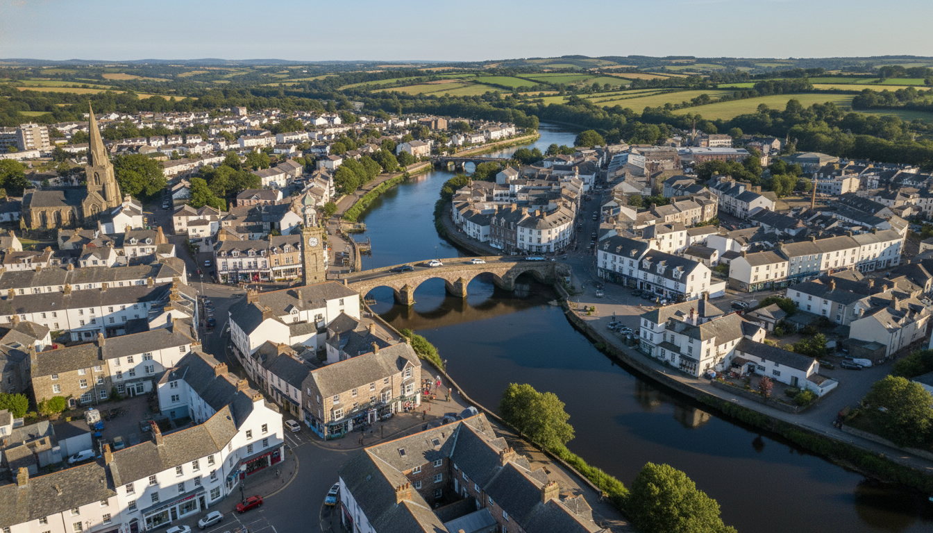 Wadebridge, UK - aerial view showing the town center and local architecture