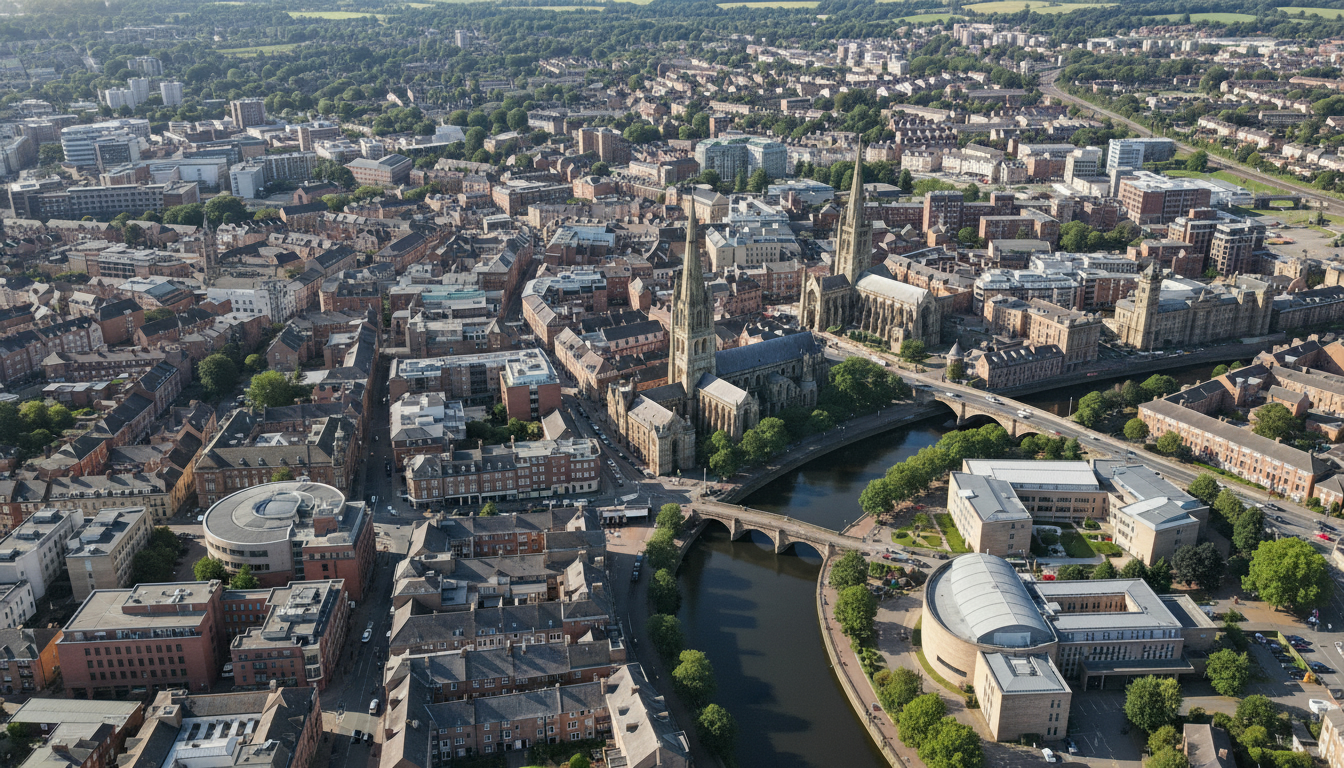 Wakefield, UK - aerial view showing the town center and local architecture