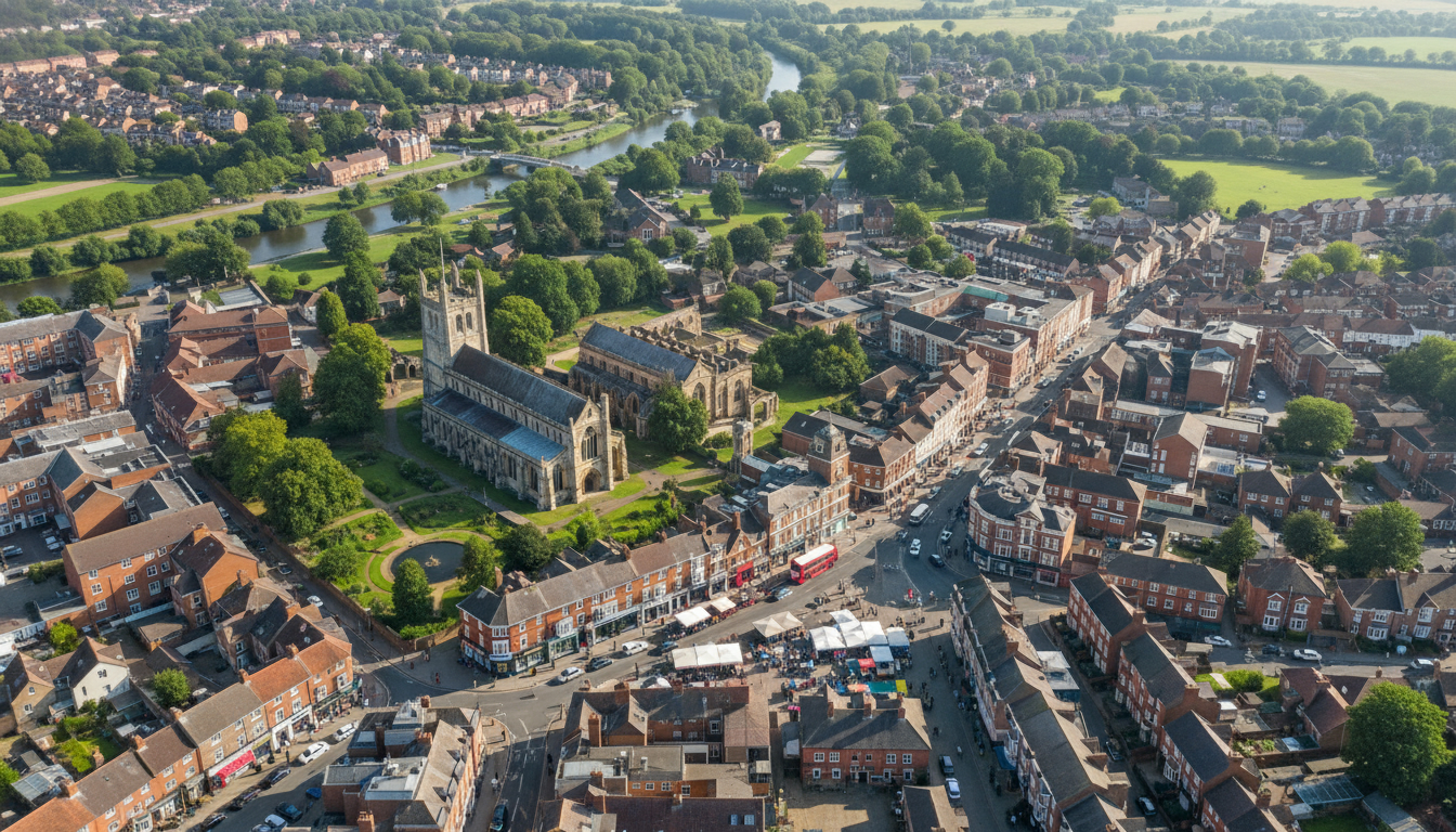 Waltham Abbey, UK - aerial view showing the town center and local architecture