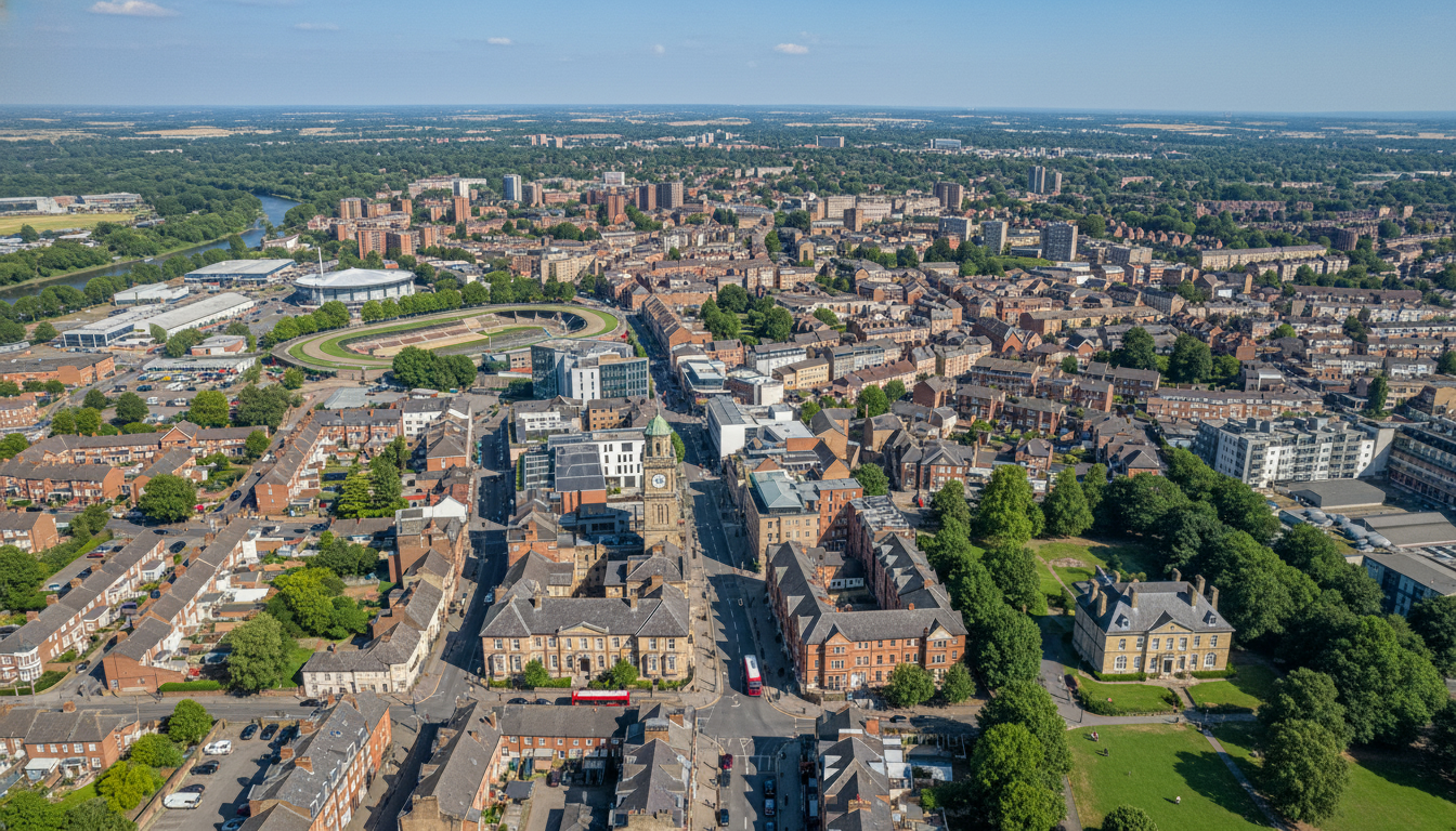 Waltham Forest, UK - aerial view showing the town center and local architecture