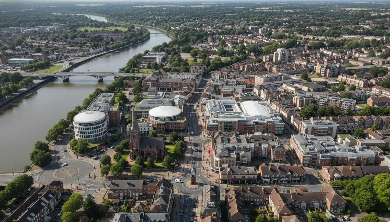 Walton-on-Thames, UK - aerial view showing the town center and local architecture