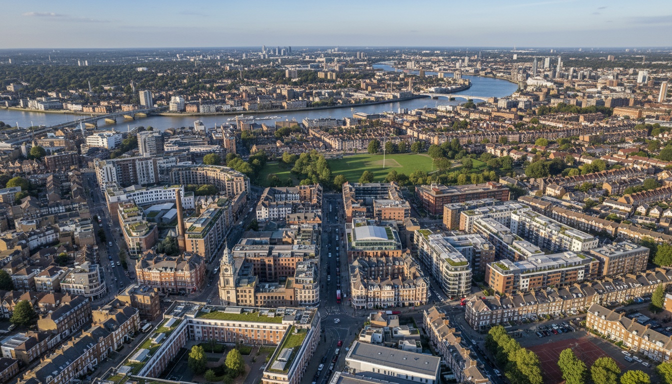 Wandsworth, UK - aerial view showing the town center and local architecture