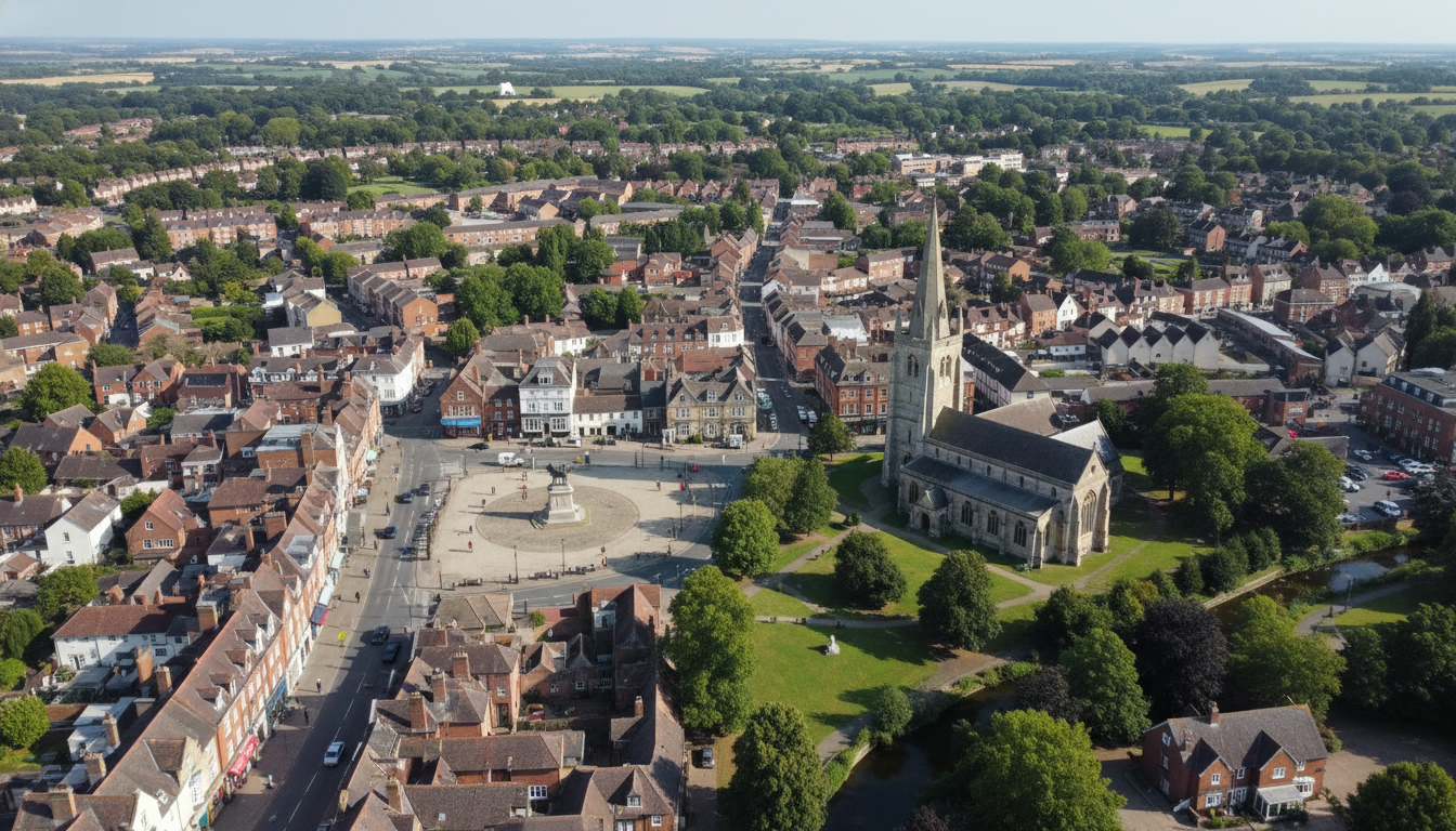Wantage, UK - aerial view showing the town center and local architecture