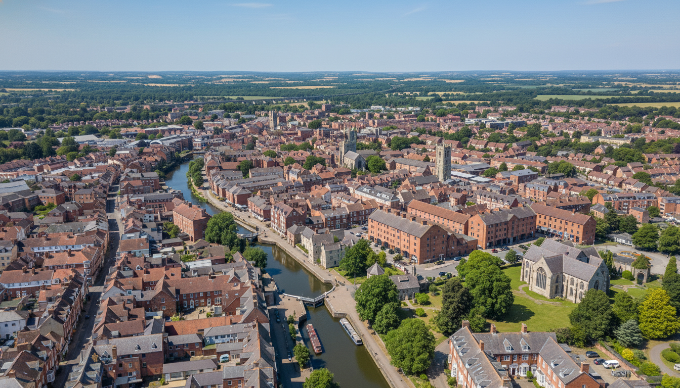 Ware, UK - aerial view showing the town center and local architecture