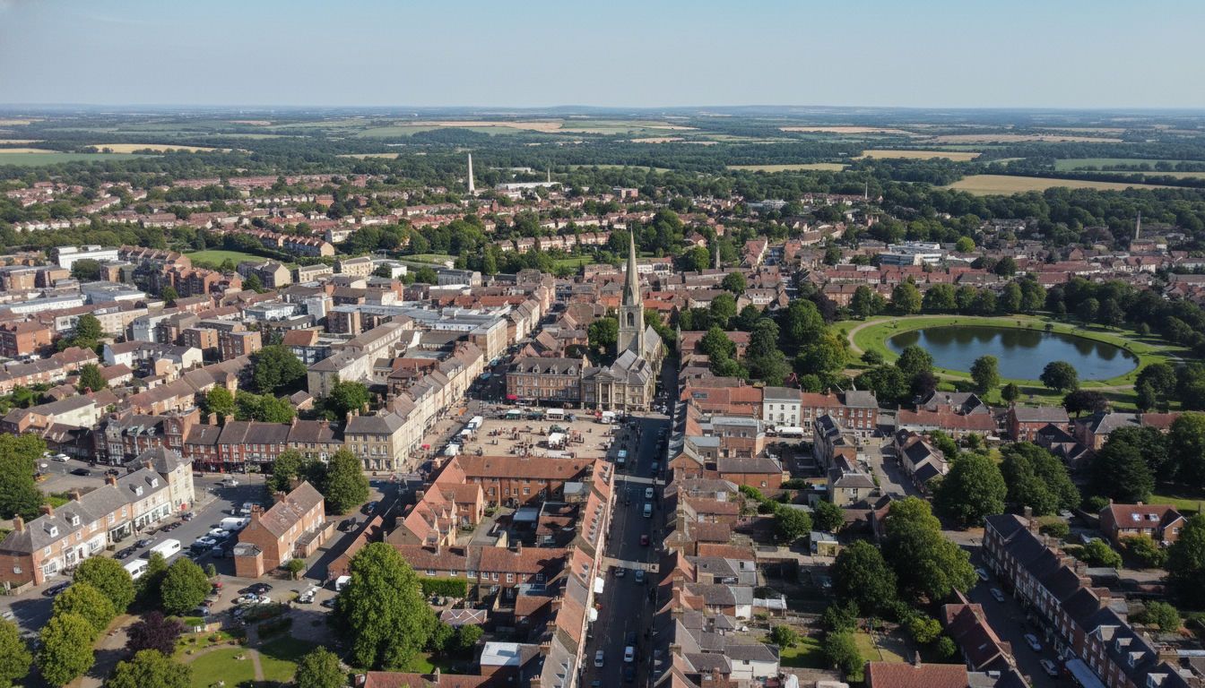 Warminster, UK - aerial view showing the town center and local architecture